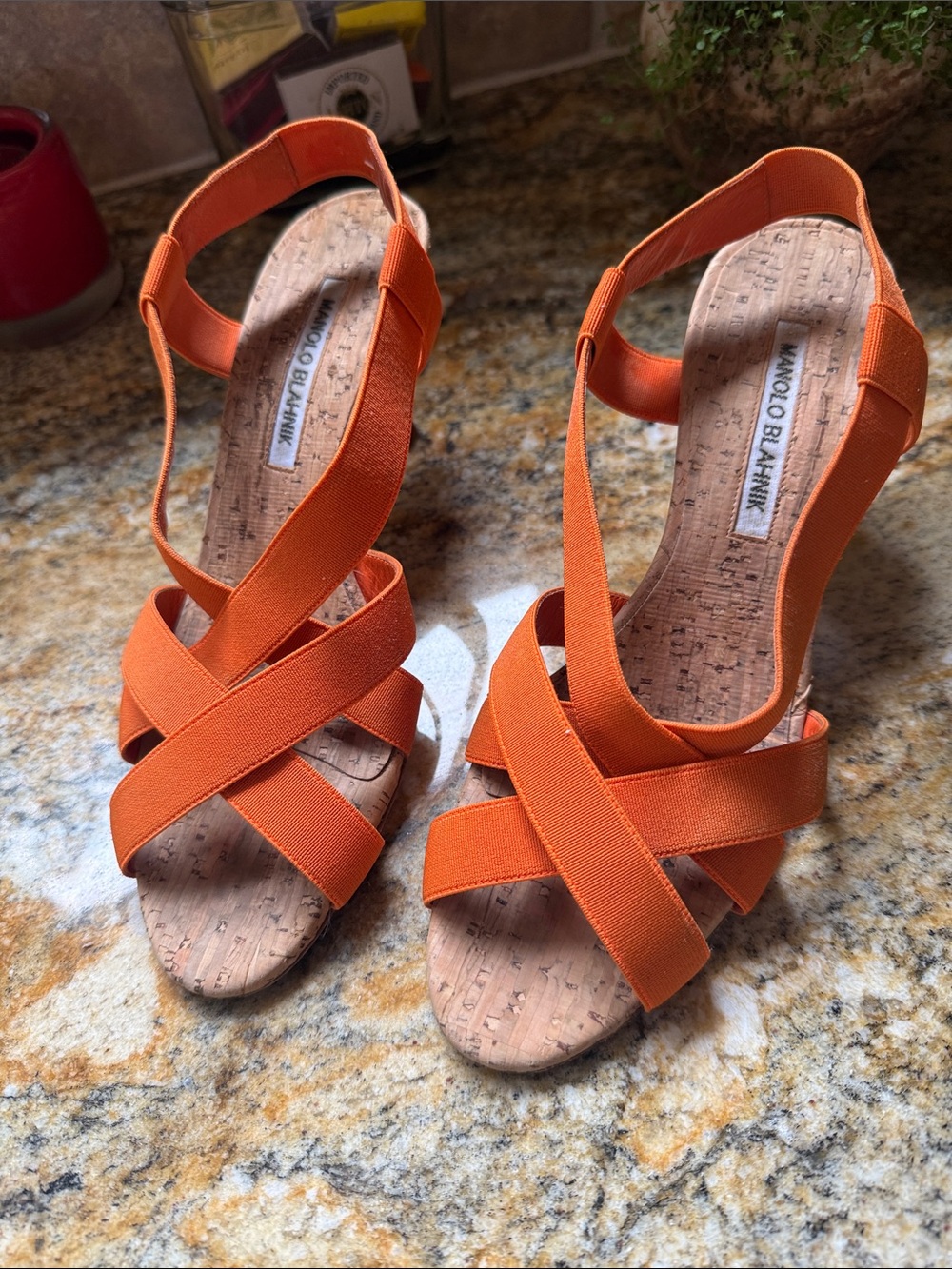 Manolo Blahnik Orange Crisscross Elastic Slingback Heels